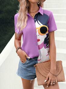 SHEIN LUNE Áo sơ mi nữ Nút phía trước Khối Màu Con số Giải trí - Màu tím - Xem 1