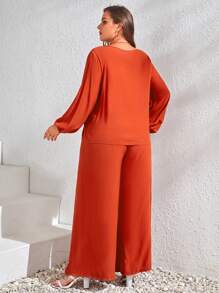 EMERY ROSE Plus Tassel Tie Neck Lantern Sleeve Blouse & Wide Leg Trousers - Rust Brown - View 2
