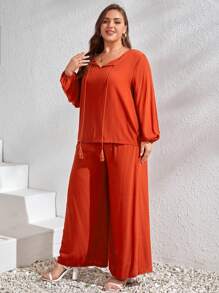 EMERY ROSE Plus Tassel Tie Neck Lantern Sleeve Blouse & Wide Leg Trousers - Rust Brown - View 4