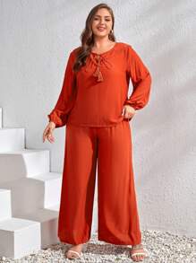 EMERY ROSE Plus Tassel Tie Neck Lantern Sleeve Blouse & Wide Leg Trousers - Rust Brown - View 5