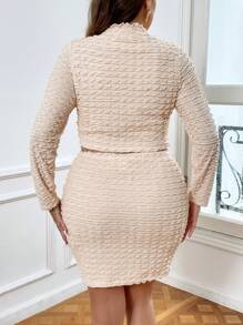 SHEIN Privé Plus Mock Neck Lettuce Trim Top & Bodycon Skirt - Apricot - View 2