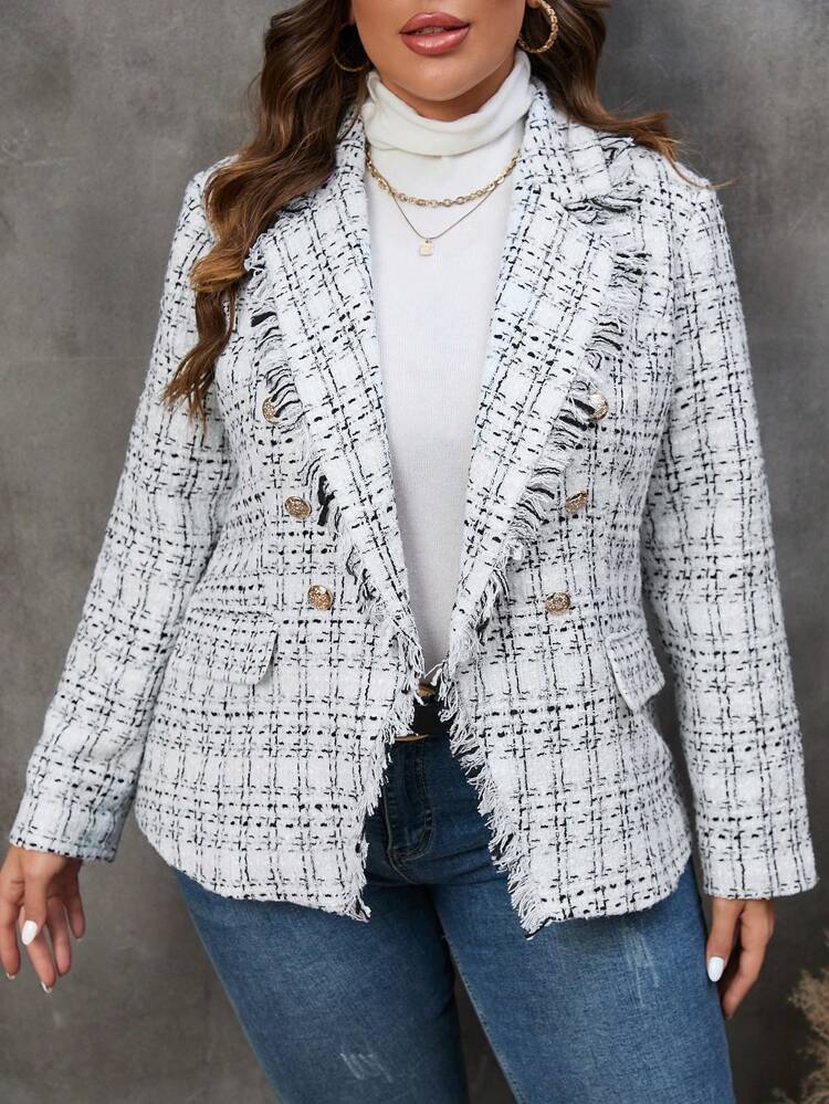 Plus 1pc Plaid Pattern Raw Trim Double Breasted Overcoat