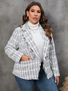 SHEIN Clasi 1 Stück Mantel mit Plaid Muster, unbearbeitetem Saum, doppelten Knopfleisten, - Weiss - Übersicht 4