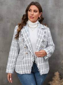 SHEIN Clasi 1 Stück Mantel mit Plaid Muster, unbearbeitetem Saum, doppelten Knopfleisten, - Weiss - Übersicht 5