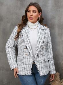 SHEIN Clasi 1 Stück Mantel mit Plaid Muster, unbearbeitetem Saum, doppelten Knopfleisten, - Weiss - Übersicht 1