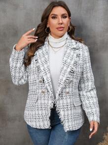 SHEIN Clasi 1 Stück Mantel mit Plaid Muster, unbearbeitetem Saum, doppelten Knopfleisten, - Weiss - Übersicht 6