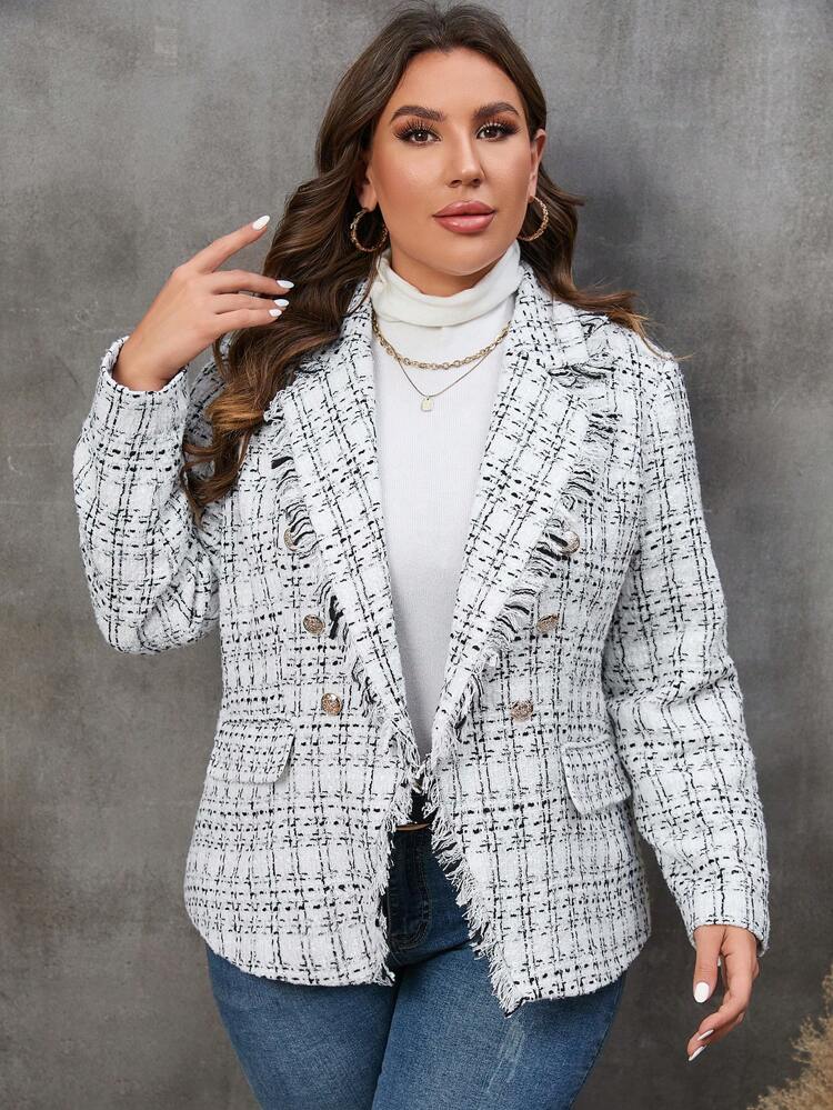 Plus 1pc Plaid Pattern Raw Trim Double Breasted Overcoat