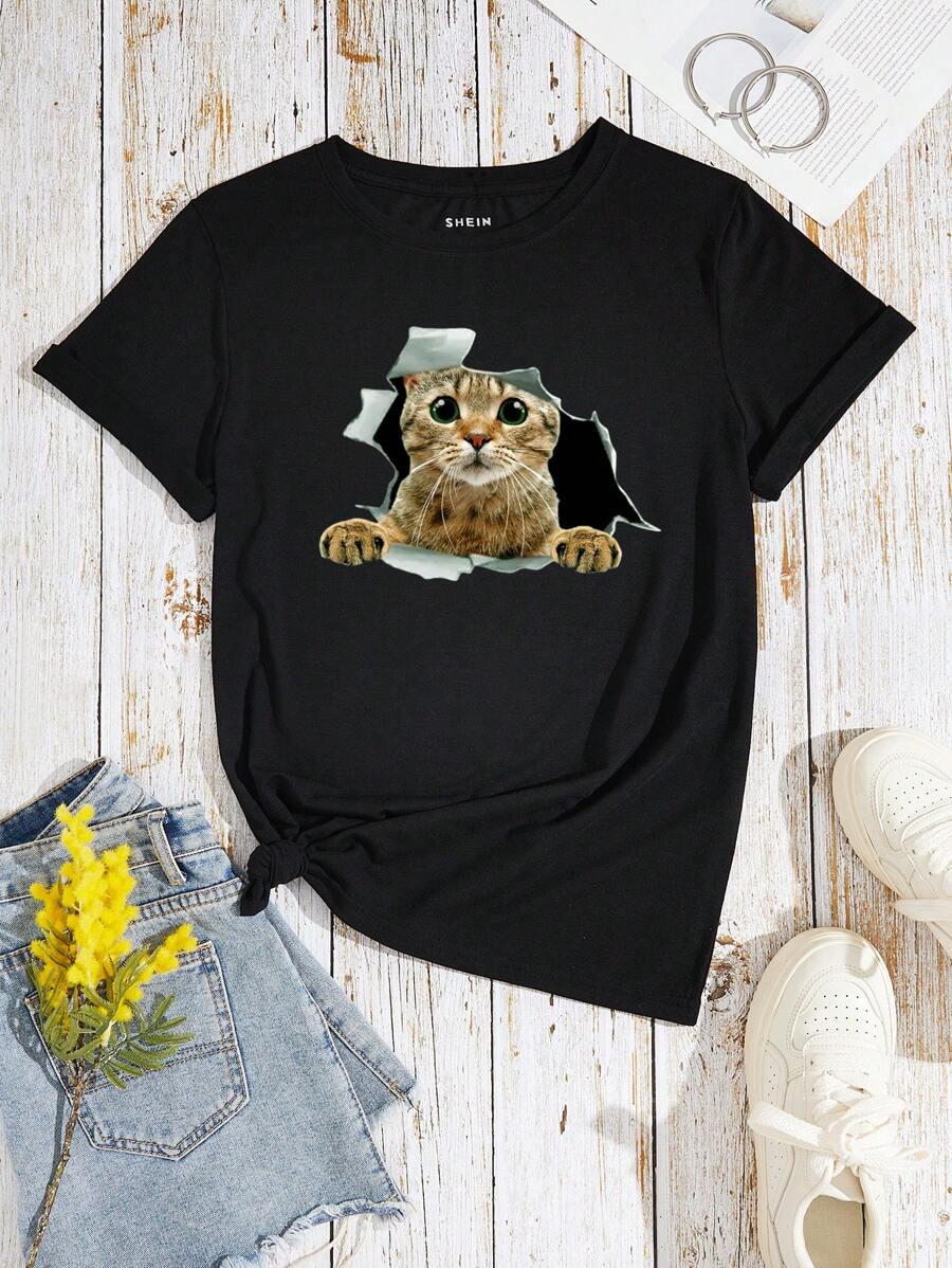 SHEIN LUNE Cat Print Tee - Black - View 1