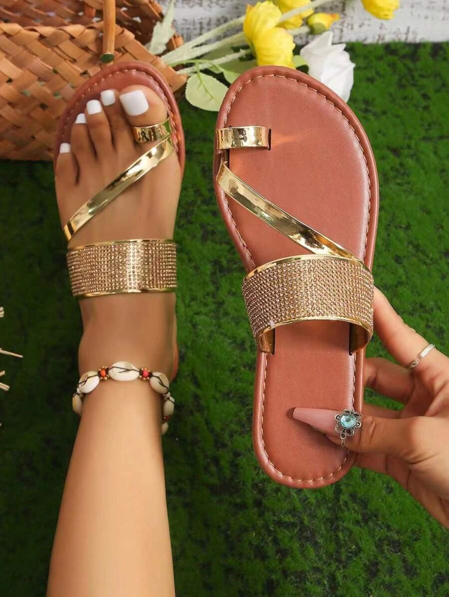 Của phụ nữ Đúng mốt Pha lê Nghệ Embellished Vòng ngón chân Dép phẳng - Hoa hồng vàng - Xem 1