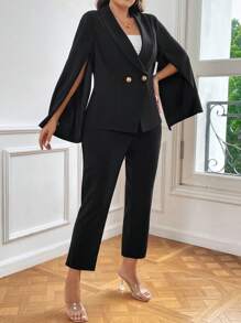 SHEIN Privé 大碼雙排釦西裝外套和褲子 - 黑色 - 查看 1