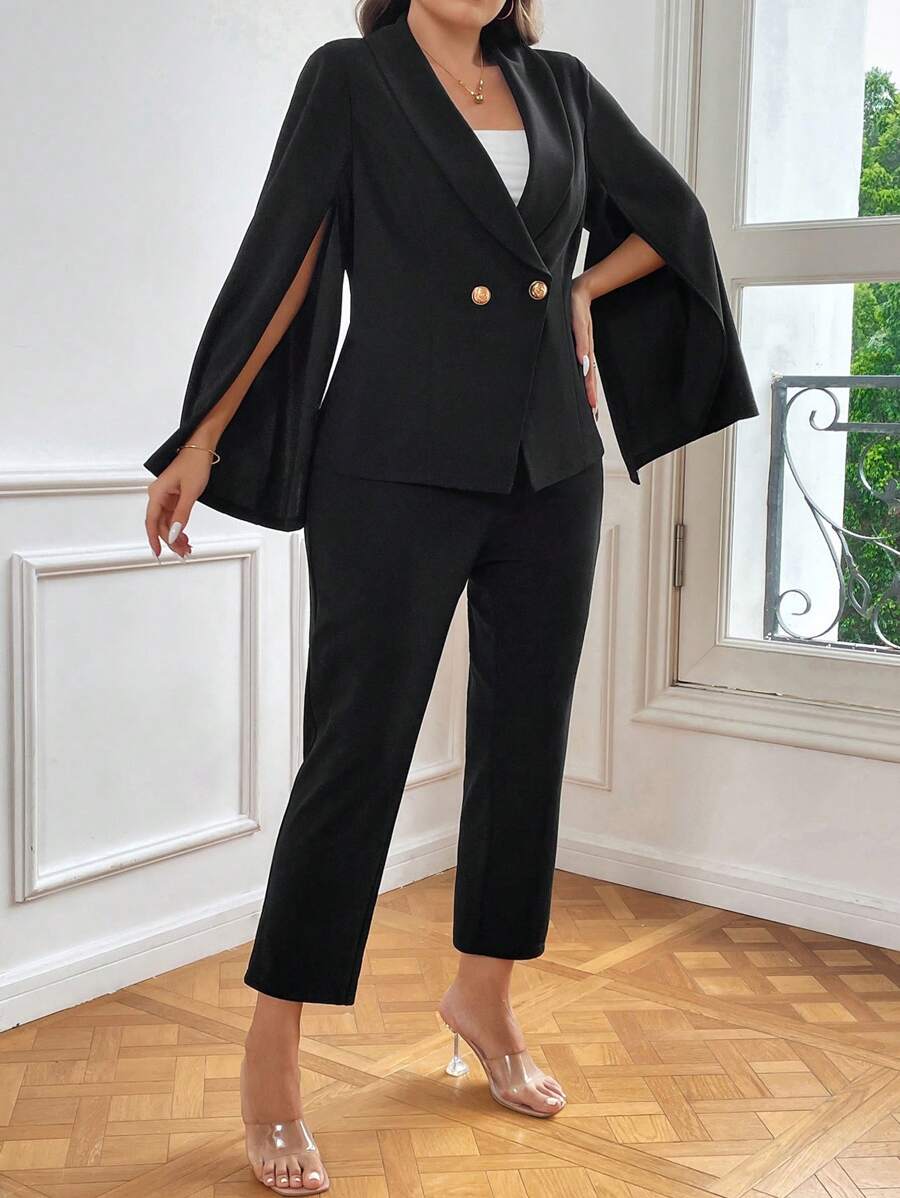 SHEIN Privé 大碼雙排釦西裝外套和褲子 - 黑色 - 查看 1