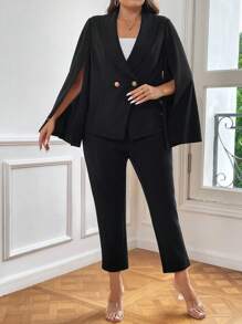 SHEIN Privé 大碼雙排釦西裝外套和褲子 - 黑色 - 查看 3