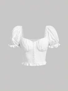 SHEIN MOD 雞心領口泡泡袖胸部褶皺荷葉邊襯衫 - 白色 - 查看 1