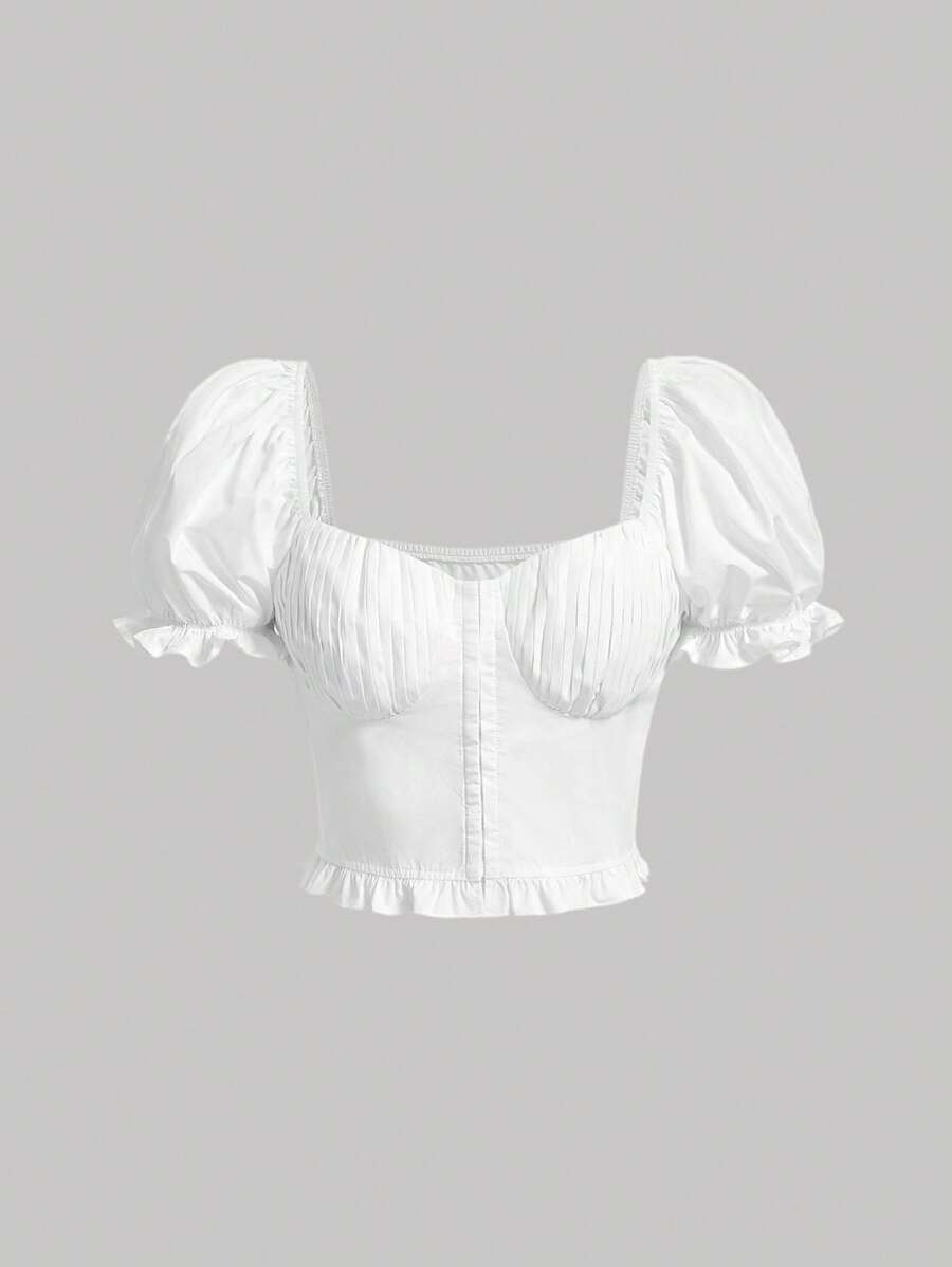 SHEIN MOD 雞心領口泡泡袖胸部褶皺荷葉邊襯衫 - 白色 - 查看 1
