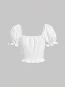 SHEIN MOD 雞心領口泡泡袖胸部褶皺荷葉邊襯衫 - 白色 - 查看 2