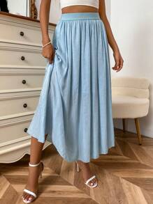 SHEIN Essnce Chất rắn Cao eo Váy chữ A - màu xanh lá - Xem 3