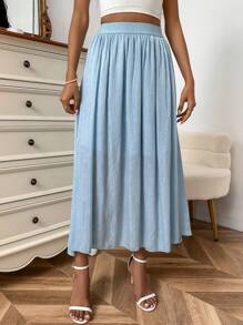 SHEIN Essnce Chất rắn Cao eo Váy chữ A - màu xanh lá - Xem 6