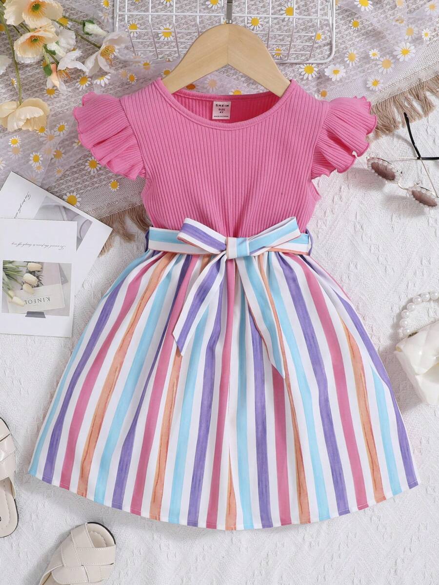 SHEIN Leap Crew Young Girl Striped Ruffle Trim Belted Dress - Multicolor - View 1