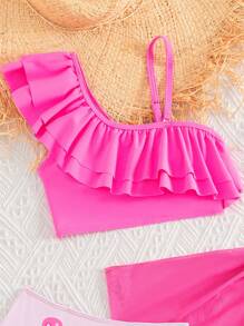 Tween Girl Flamingo Print Ruffle Trim Bikini Set With Beach Skirt Summer Beach