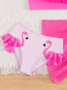 Tween Girl Flamingo Print Ruffle Trim Bikini Set With Beach Skirt Summer Beach