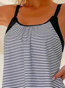 SHEIN Swim Striped Ruched Tankini,Summer Beach - Black and White - View 3