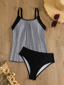 SHEIN Swim Striped Ruched Tankini,Summer Beach - Black and White - View 6