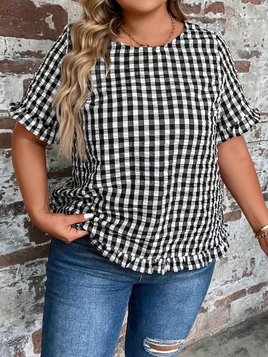 SHEIN LUNE Blusa de guingán fruncido de manga con volante - Blanco y Negro - Ver 1