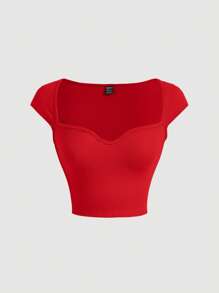 SHEIN MOD Cổ Trái tim Gân đan Áo thun - Đỏ - Xem 1