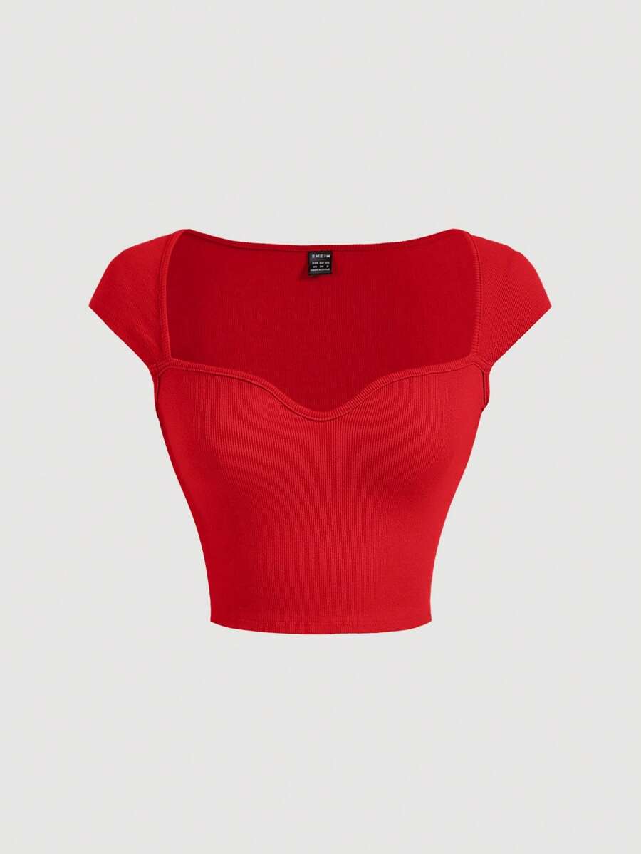 SHEIN MOD Cổ Trái tim Gân đan Áo thun - Đỏ - Xem 1