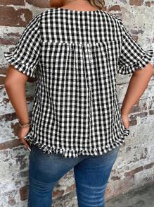 SHEIN LUNE Blusa de guingán fruncido de manga con volante - Blanco y Negro - Ver 2