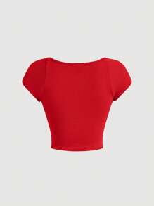 SHEIN MOD Cổ Trái tim Gân đan Áo thun - Đỏ - Xem 2