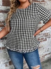 SHEIN LUNE Blusa de guingán fruncido de manga con volante - Blanco y Negro - Ver 3