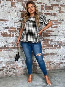 SHEIN LUNE Blusa de guingán fruncido de manga con volante - Blanco y Negro - Ver 5