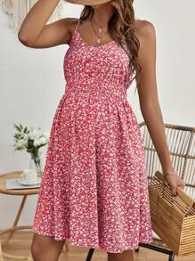 SHEIN Maternity Ditsy Floral Print Cami Dress - Red - View 6
