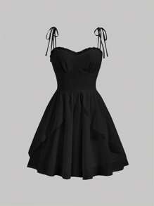 SHEIN MOD 素色肩上打結吊帶洋裝 - 黑色 - 查看 1