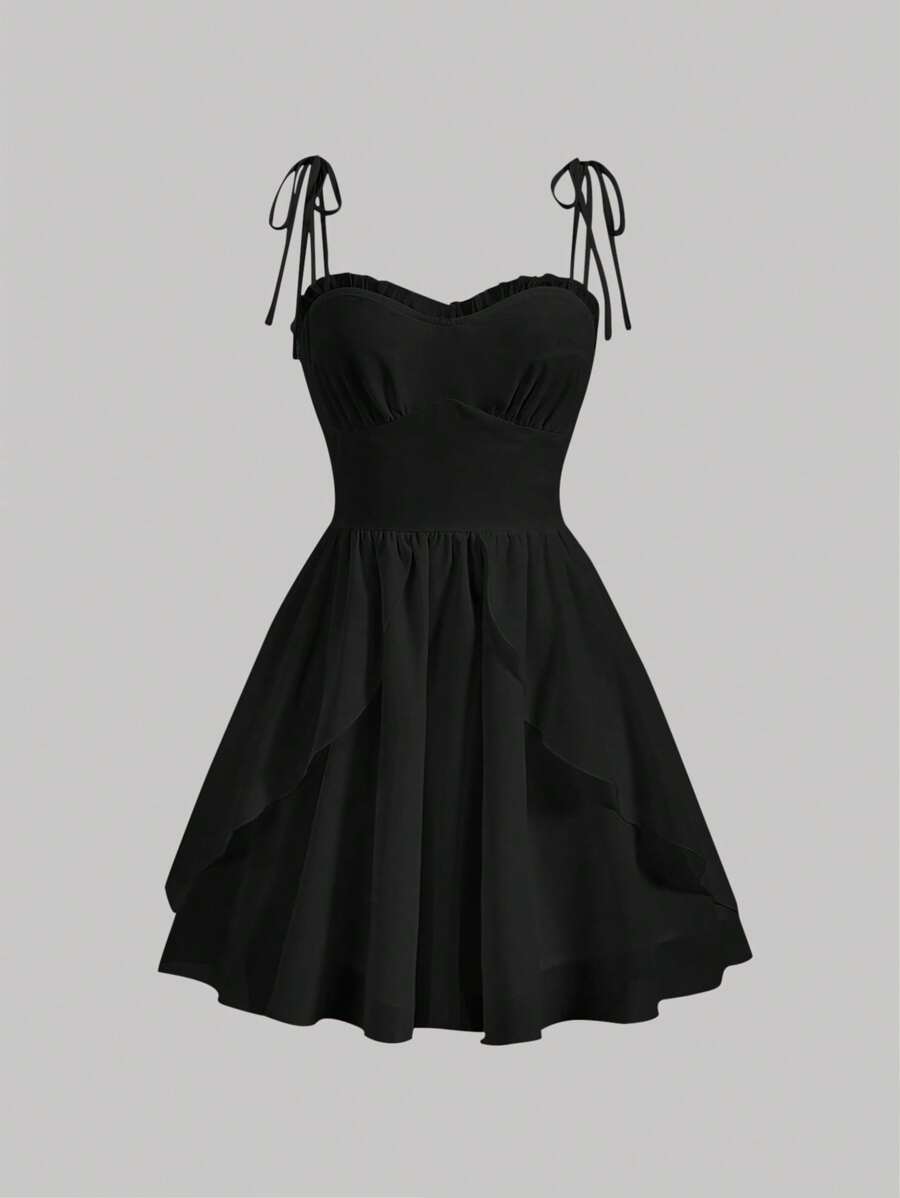 SHEIN MOD 素色肩上打結吊帶洋裝 - 黑色 - 查看 1
