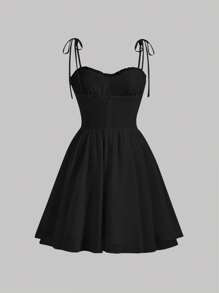 SHEIN MOD 素色肩上打結吊帶洋裝 - 黑色 - 查看 2