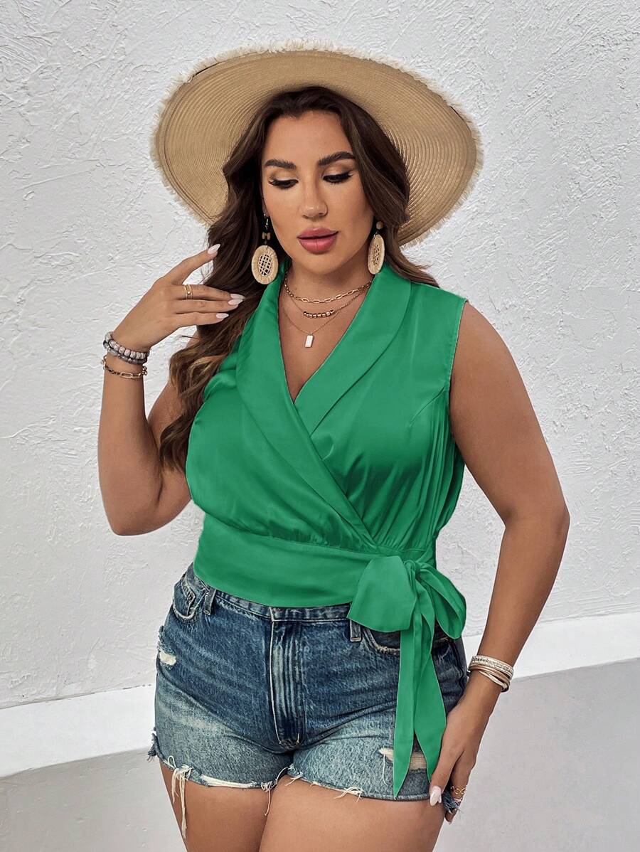 Breezaya Plus Shawl Collar Wrap Knot Side Sleeveless Blouse