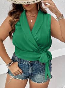 Breezaya Plus Shawl Collar Wrap Knot Side Sleeveless Blouse