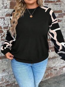 SHEIN LUNE Plus Graphic Print Raglan Sleeve Sweatshirt - Black - View 6