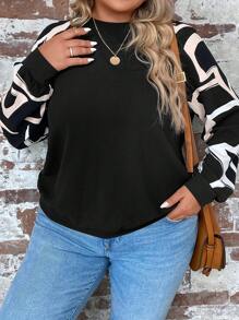 SHEIN LUNE Plus Graphic Print Raglan Sleeve Sweatshirt - Black - View 7