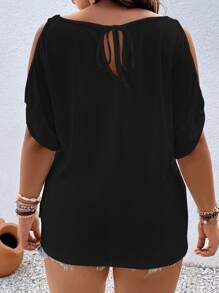 Calvaya Plus Cold Shoulder Batwing Sleeve Tee - Black - View 2