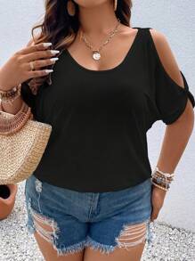 Calvaya Plus Cold Shoulder Batwing Sleeve Tee - Black - View 5