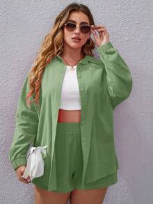 Calvaya Talla grande Camisa unicolor de hombros caídos & Shorts - Verde - Ver 3