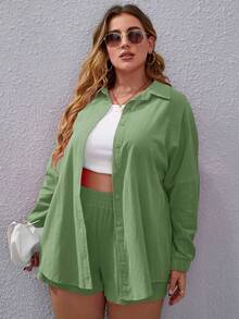 Calvaya Talla grande Camisa unicolor de hombros caídos & Shorts - Verde - Ver 6