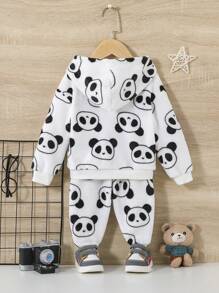 SHEIN 男嬰熊貓印花連帽衫和褲子