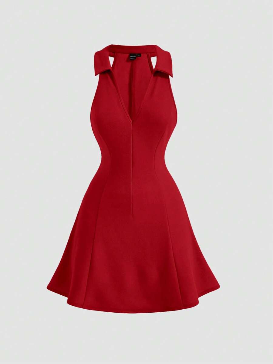 SHEIN MOD Solid Halter Neck Dress,Valentine Outfits - Red - View 1