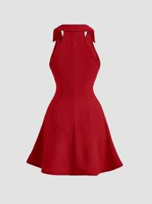SHEIN MOD Solid Halter Neck Dress,Valentine Outfits - Red - View 2