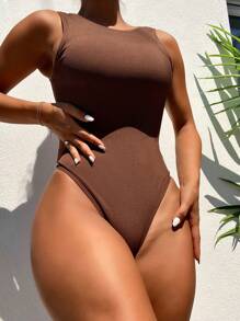 SHEIN Swim Summer Beach Solid Ribbed Knit One-Piece Swimsuit Bathing Suit - Coffee Brown - View 1