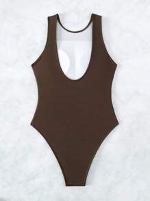 SHEIN Swim Summer Beach Solid Ribbed Knit One-Piece Swimsuit Bathing Suit - Coffee Brown - View 2